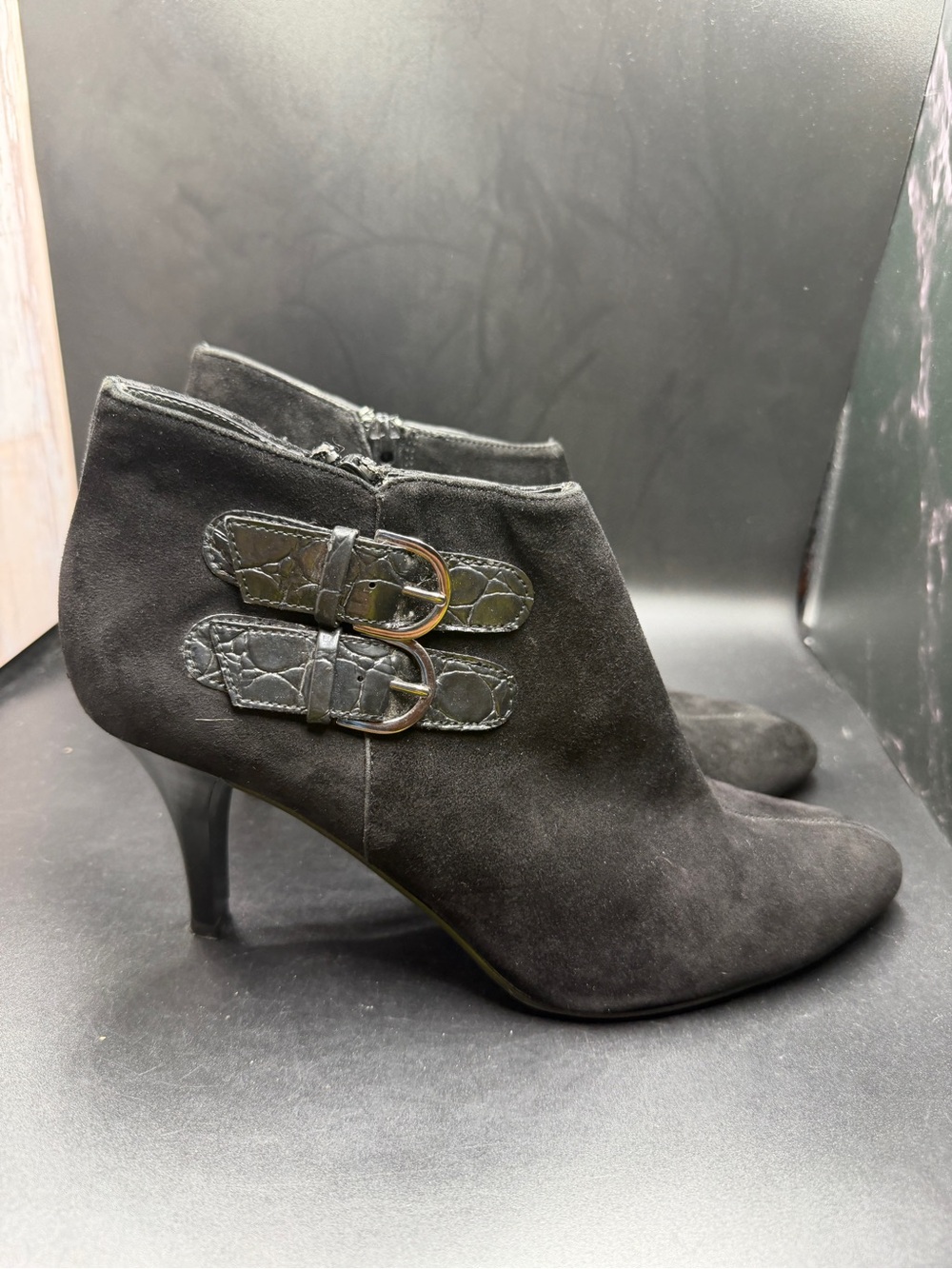 Women's Black Suede Ankle Boots with Buckle Detail
